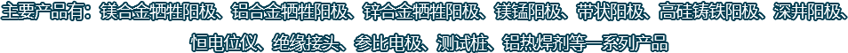 主要產(chǎn)品有：鎂合金犧牲陽(yáng)極、鋁合金犧牲陽(yáng)極、鋅合金犧牲陽(yáng)極、鎂錳陽(yáng)極、帶狀陽(yáng)極、高硅鑄鐵陽(yáng)極、深井陽(yáng)極、恒電位儀、絕緣接頭、參比電極、測(cè)試樁、鋁熱焊劑等一系列產(chǎn)品
